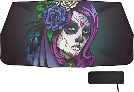 ALAZA Sugar Skull Day of Dead Car Sun Shade Winshield Front Window Shades Umbrella Cover Retractable Foldable Reflector with Storage Pouch - sugar skull car sunshade for windshield