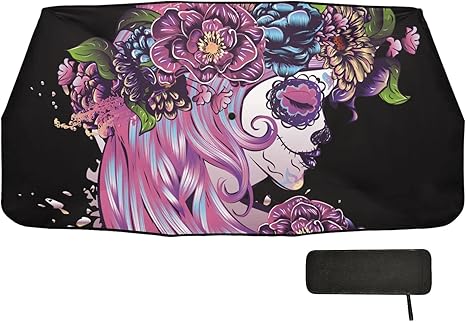 ALAZA Sugar Skull Girl Day of Dead Car Sun Shade Winshield Front Window Shades Umbrella Cover Retractable Foldable Reflector with Storage Pouch - sugar skull car sunshade for windshield