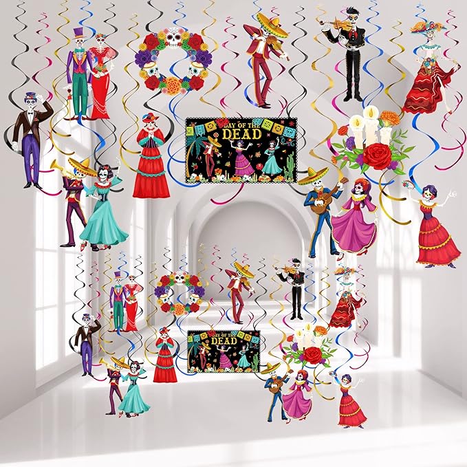 30 Pcs Day of The Dead Hanging Decoration Dia De Los Muertos Ceiling Swirl Sugar Skull Hanging Swirls Decorations Halloween Ceiling Swirl Spiral Streamer for Boys Girls Birthday Mexican Party Supplies - sugar skull christmas decorations