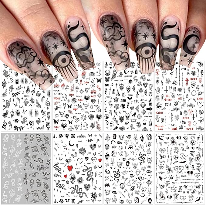 Snake Nail Art Stickers Decals Black Skull Gothic Nail Decals Designer Nail Art Supplies 3D Goth Punk Horror Nail Stickers Designer Nail Accessories Charms Nail Designs for Acrylic Nails (8 Pcs) - sugar skull nail art