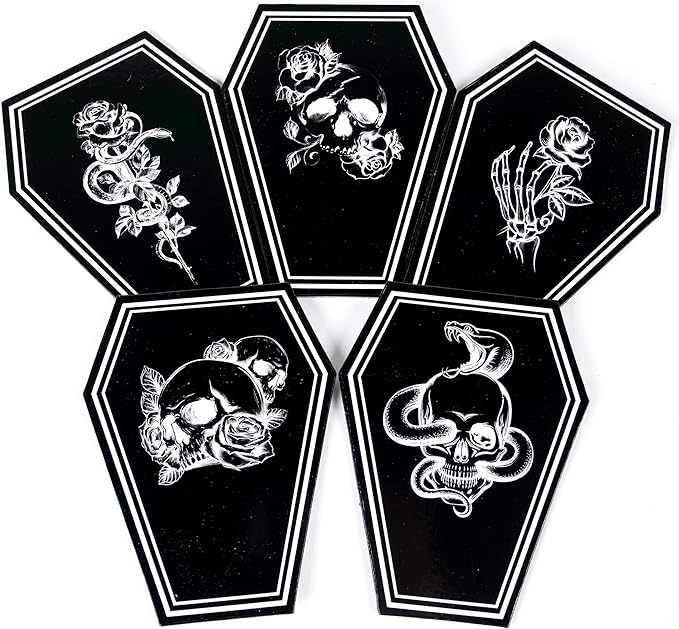 5 Piece Set Redemption Mix Coffin Shaped Coasters by Gothelia - Coffee Table Decor, Anti-Slip Drink Coaster Set, Cork Backing Bar Coasters, for Hot & Cold Beverages, Spooky Goth Dining Table Décor - sugar skull coasters set