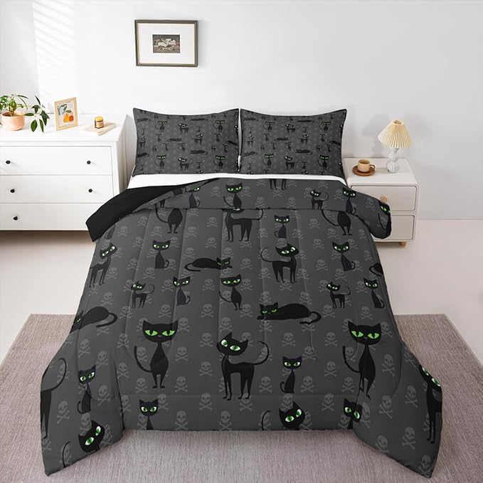 Erosebridal Kids Black Cat Comforter Full Hippie Sugar Skull Bedding Cartoon Kitten Bedding Sets & Collections Halloween Gothic Decor Down Comforter Black and Grey Quilt Set for Boys Girls 3pcs Cozy - sugar skull bedding set