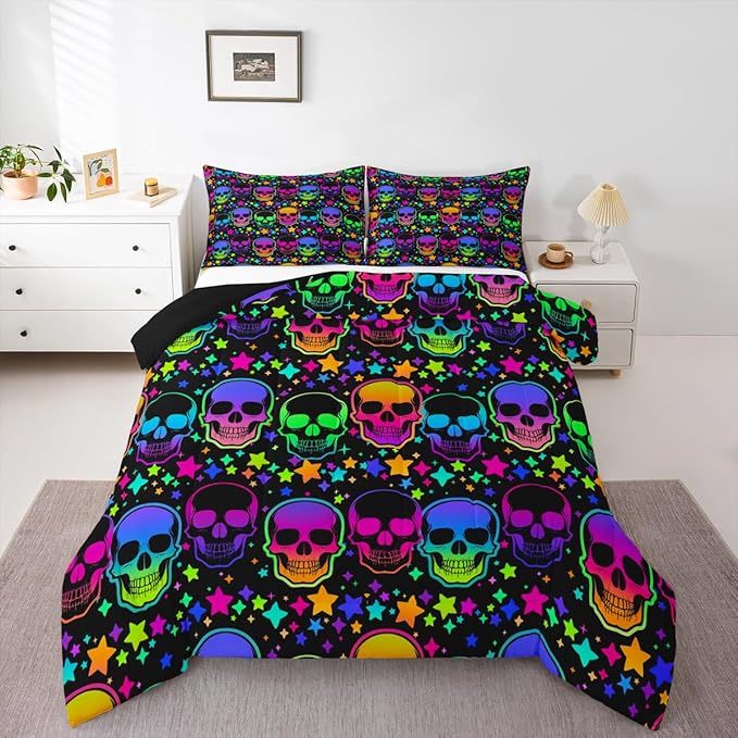 Erosebridal Halloween Theme Comforter Queen Gothic Skull Bedding Set Gradient Ombre Sugar Skull Bedding Sets & Collections Cute Neon Glowing Stars Quilted Comforter Kids Teens Adults Festival Gifts - sugar skull bedding set