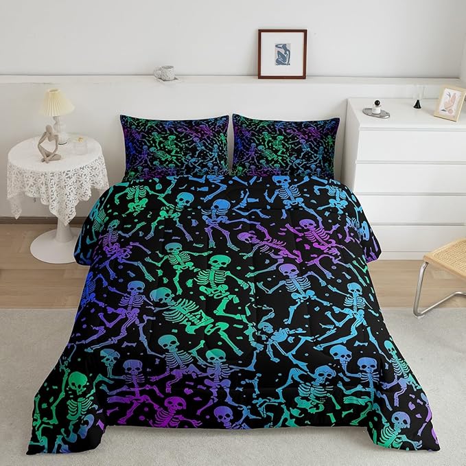 Erosebridal Sugar Skull Comforter Set Halloween Bedding Set Full Size Green Blue Purple Ombre Down Comforter for Kids Boys Girls Skeleton Bones Quilted Duvet Warm Soft Horror Theme Bedroom Decor 3Pcs - sugar skull bedding set