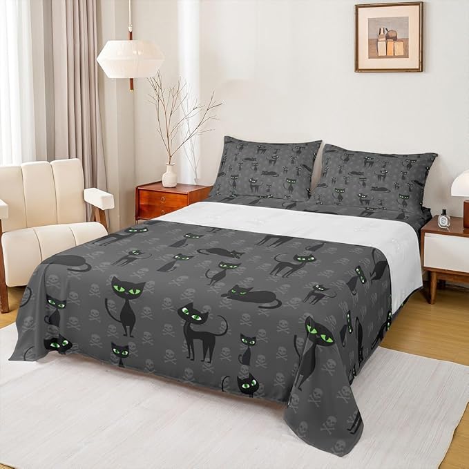Erosebridal Kids Black Cat Queen Sheet Set Hippie Sugar Skull Sheets Cartoon Kitten Sheet & Pillowcase Sets Halloween Gothic Decor Bed Sheets Black and Grey Fitted Sheet for Boys Girls 4pcs Cozy…… - sugar skull bedding set