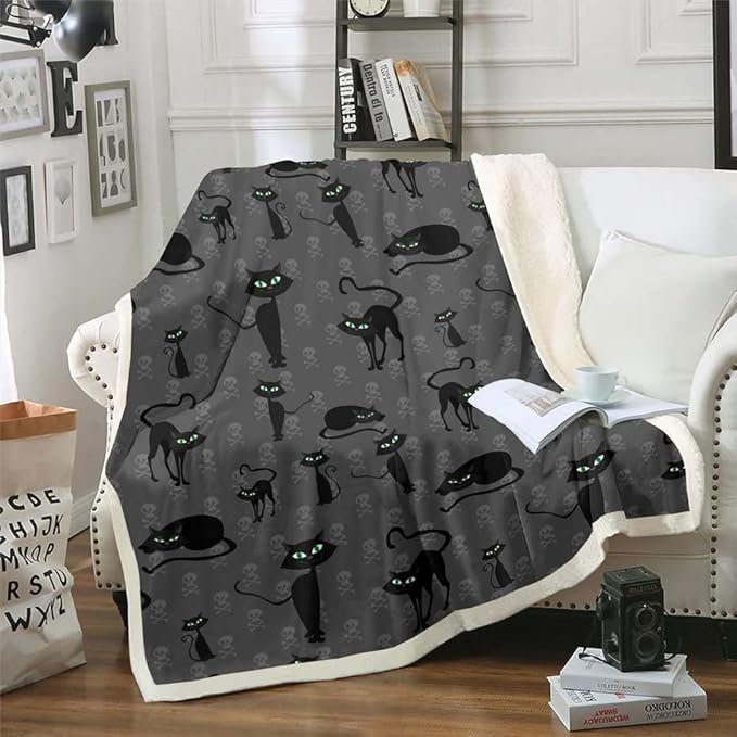Kids Black Cat Fleece Blanket Baby Size Hippie Sugar Skull Blanket Cartoon Kitten Throw Blanket for Chair Halloween Gothic Decor Travel Blanket Black and Grey Sherpa Blanket for Boys Girls Cozy - sugar skull throw blanket