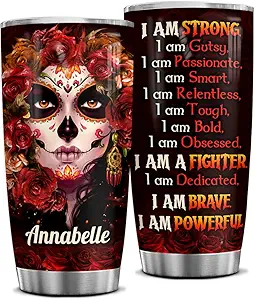 wowcugi Dia De Los Muertos Gifts Personalized Mexican Sugar Skull Girl Tumbler I Am Strong Stainless Steel 20oz 30oz Travel Cups Day of The Dead Halloween Custom Gift for Women Girls Teen - sugar skull coffee cup
