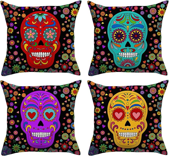 Dia De Los Muertos Sugar Skull Flower Cat Throw Pillow Covers 18x18 Set of 4 Day of The Dead Pillow Case Mexican Fiesta Party Decorations and Supplies - sugar skull throw pillow