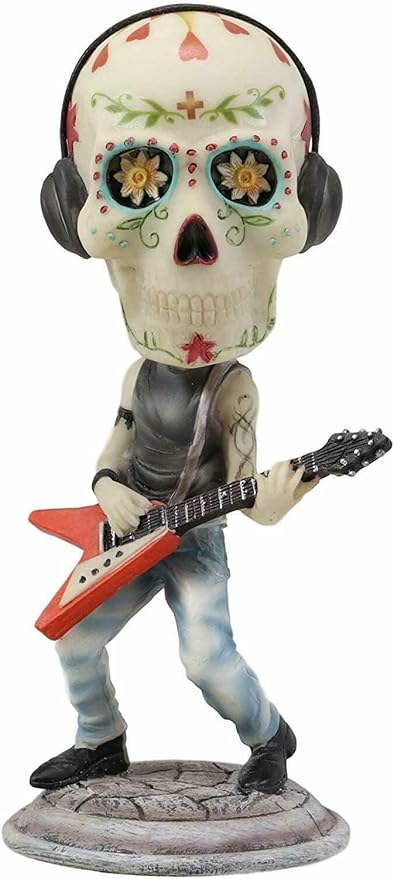 Ebros Gift Day of The Dead Skeleton Rock Band Guitar Player Guitarist with Headphones Bobblehead Statue 6.5" Tall Dias De Muertos Sugar Skull Bobble Head Musician Figurine - sugar skull figurine collectible