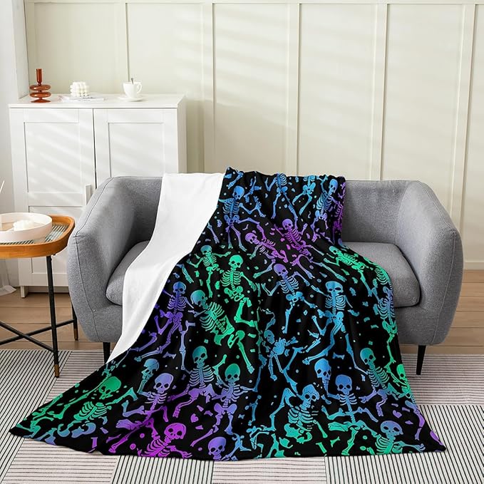 Sugar Skull Blanket Halloween Throw Blanket Baby 30x40 Inch Green Blue Purple Ombre Fleece Blanket for Kids Boys Girls Skeleton Bones Fuzzy Blanket Soft Horror Theme Luxury Soft Bedroom Decor - sugar skull throw blanket