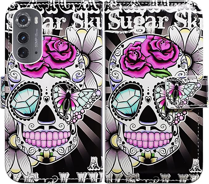 Bcov Case for Motorola Edge 2022, Purple Flower Sugar Skull Leather Flip Phone Case Wallet Cover with Card Slot Holder Kickstand for Moto Motorola Edge 2022 - sugar skull wallets for women