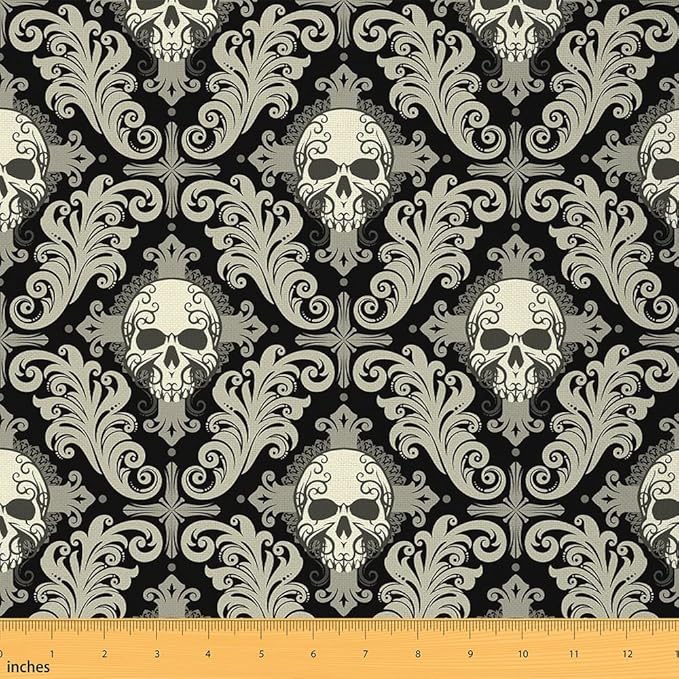 Sugar Skull Fabric by The Yard - Halloween Upholstery, Religious Boho Floral Decorative, Gothic Horror Indoor/Outdoor, Abstract Flowers Waterproof, Black & Grey, 1 Yard - sugar skull apron for women