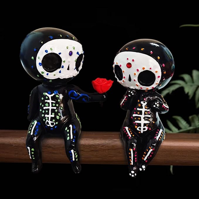 Sugar Skull Couple Statue, Sugar Skull Decor, Resin Crafts Cute Statue Skeleton Memorial Sculpture, Home Decor Collectible Figurines,Skull Head Statue Display Hand Crafts, Gifts for Girlfrien - sugar skull garden decor