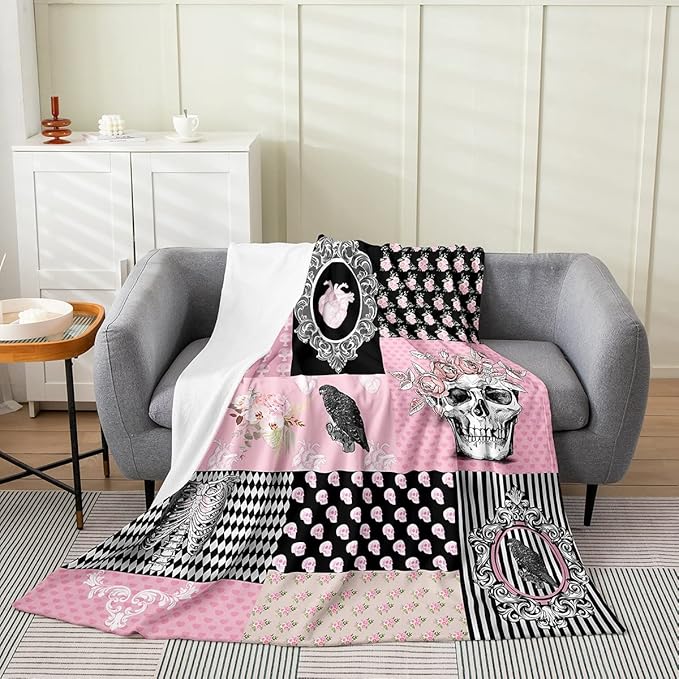 Erosebridal Sugar Skull Throw Blanket, Halloween Skelebone with Flowers Fuzzy Blanket, Garden Pink Rose Floral Flannel Blanket for Bed Couch, Geometric Honeycomb Plaid Fleece Blanket, Queen Size - sugar skull throw blanket
