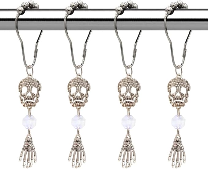 Skull Shower Curtain Rings Hooks for Gothic Bathroom Decor - Rustproof Stainless Steel Shower Curtain Hangers Set of 12 Silver Claw Skull Bathroom Decorative Pendants Set Accessories - sugar skull shower curtain set