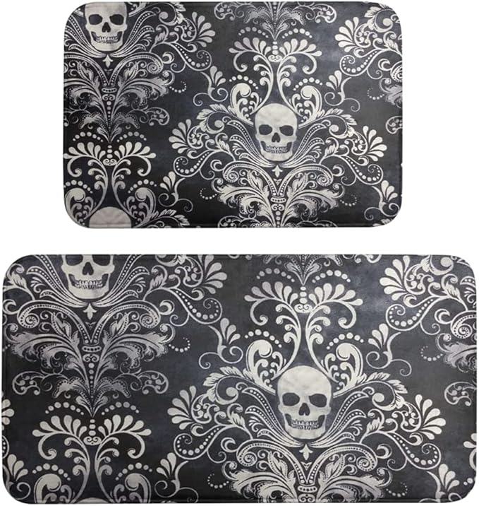 Sugar Skull Kitchen Mats 2 Pcs Anti Fatigue Halloween Skull Kitchen Floor Mats Washable Water Absorbent Gothic Skeleton Kitchen Rugs for Bathroom Laundry Sink Kitchen Standing Mat - sugar skull car floor mats