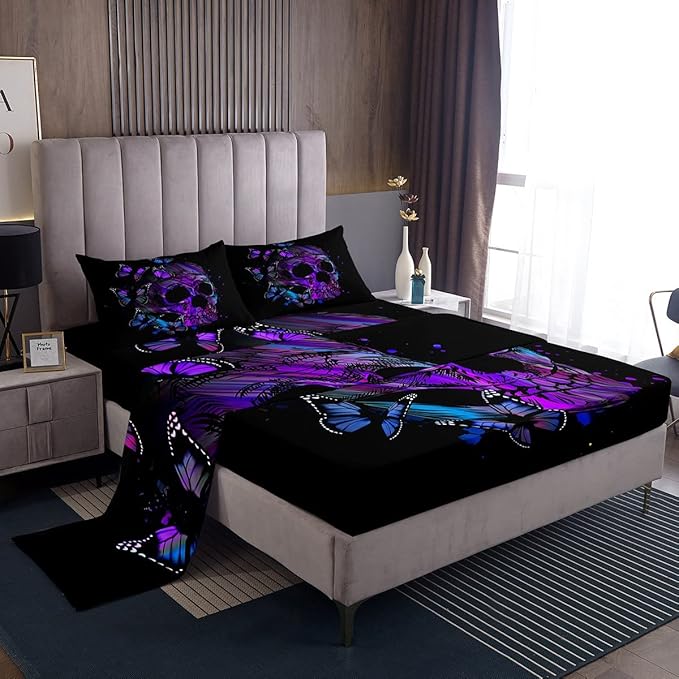 Erosebridal Purple Skull Bed Sheet Set King,Retro Psychedelic Butterfly Bed Sheets Gothic Sugar Skull Bedding Set for Girls Teens Women Room Halloween Fitted Sheet + Flat Sheet + 2 Pillow Cases Black - sugar skull bedding set
