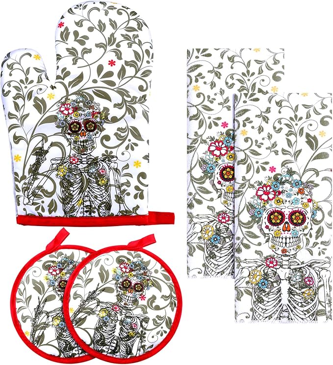 Oudain 5 Pcs Sugar Skull Oven Mitts Potholders and Dish Towels Set Sugar Skull Decoration for BBQ Grilling Microwave Cooking Baking Christmas Kitchen Gift - sugar skull handbags for sale