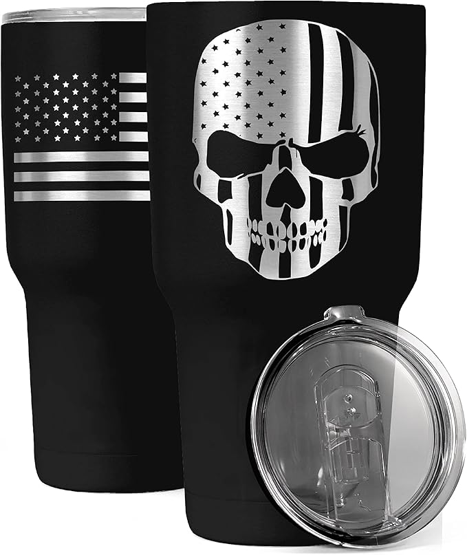 American Flag Skull 30oz Patriotic Tumbler - American Flag Tumbler Travel Mug - Patriotic Coffee Travel Mug - Double Insulated 30oz Tumbler - Engraved in the USA - (Skull Flag) - sugar skull tumbler with straw