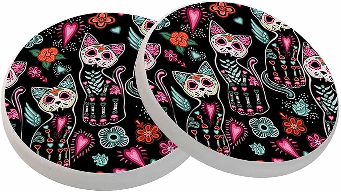 oFloral Cat Black Coasters for Drinks Day of The Dead Halloween Heart Shape Colorful Flowers Cups Place Mats for Home Decor Set of 2, 4 Inch - sugar skull coasters set