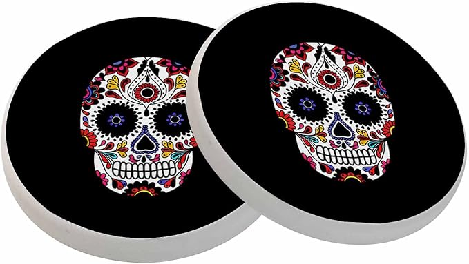 oFloral Sugar Skull Coasters for Drinks Flower Tattoo Traditional Day of The Dead Cups Place Mats for Home Decor Set of 2, 4 Inch - sugar skull coasters set