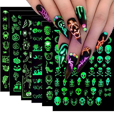 Halloween Nail Art Stickers Decals Fall Scary Ghost Skull Nail Decoration 3D Self-Adhesive Glow in The Dark The Day of Dead Acrylic Nail Supplies for Women Girls（6Pcs） - sugar skull nail art