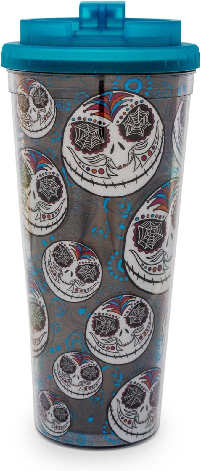 Disney The Nightmare Before Christmas Jack Sugar Skull 24-Ounce Plastic Travel Tumbler With Slide Close Lid | Tall Carnival Cold Cup For Drinks - sugar skull tumbler with straw