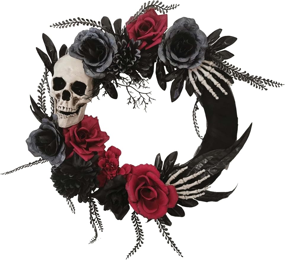 Sunstar Industries 18" Black Skull Wreath with Hands and Roses Standard - sugar skull wreath for front door