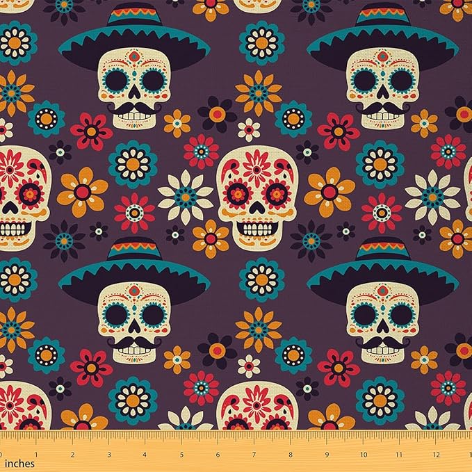 Feelyou Mexican Sugar Skull Fabric by The Yard, Halloween Themed Upholstery Fabric, Exotic Boho Skeleton Floral Outdoor Fabric, Gothic Bones Style Reupholstery Fabric for Chairs, 1 Yard, Colorful - sugar skull handbags for sale