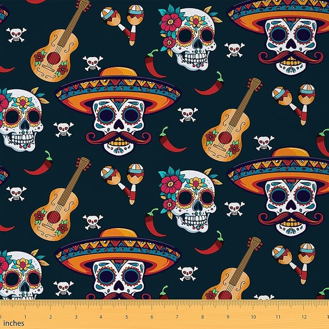 Sugar Skull Upholstery Fabric by The Yard, Mexican Halloween Skull Guitar Reupholstery Fabric for Chairs, Exotic Skeleton Room Decorative Fabric for Outdoor and Home DIY Projects, 1 Yard, Red Orange - sugar skull apron for women