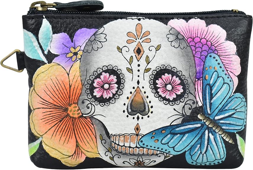 Women's Hand Painted Leather Coin Pouch Purse - sugar skull wallets for women