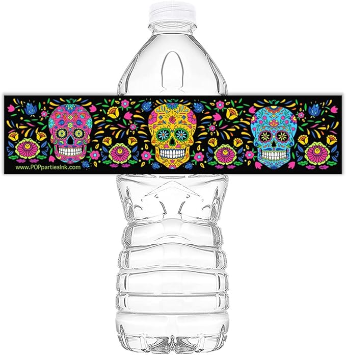 Sugar Skull Waterproof Bottle Labels - 20 Vibrant Sugar Skull Wraps - Day of the Dead Party Supplies - 2" x 9" Labels - sugar skull vinyl sticker