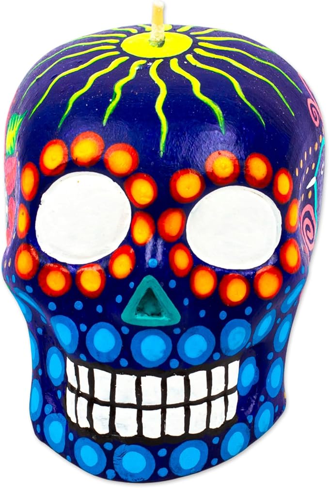 NOVICA Artisan Handmade Candle Painted Mexican Day of The Dead Purple Skull Multicolor Paraffin Mexico Lamps Lighting Candles Folk Art Floral [3.5in H x 3.5in W x 4.3in D] ' Colorful Purple Skull' - sugar skull table lamp