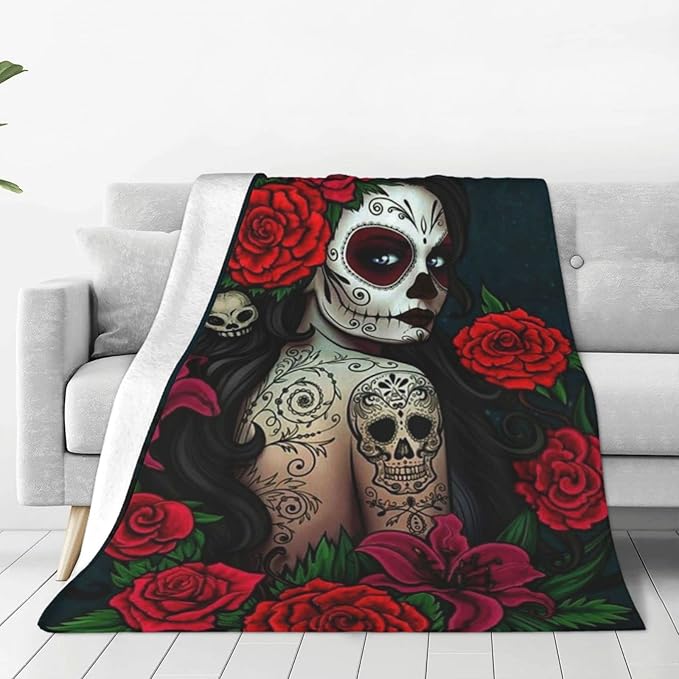 Sugar Skull Girl and Roses Throw Blanket, Ultra Soft Cozy Flannel Blanket Lightweight Warm Luxury Bed Throws for Couch Sofa Chair Bed Office All Season 50"X40" - sugar skull area rug