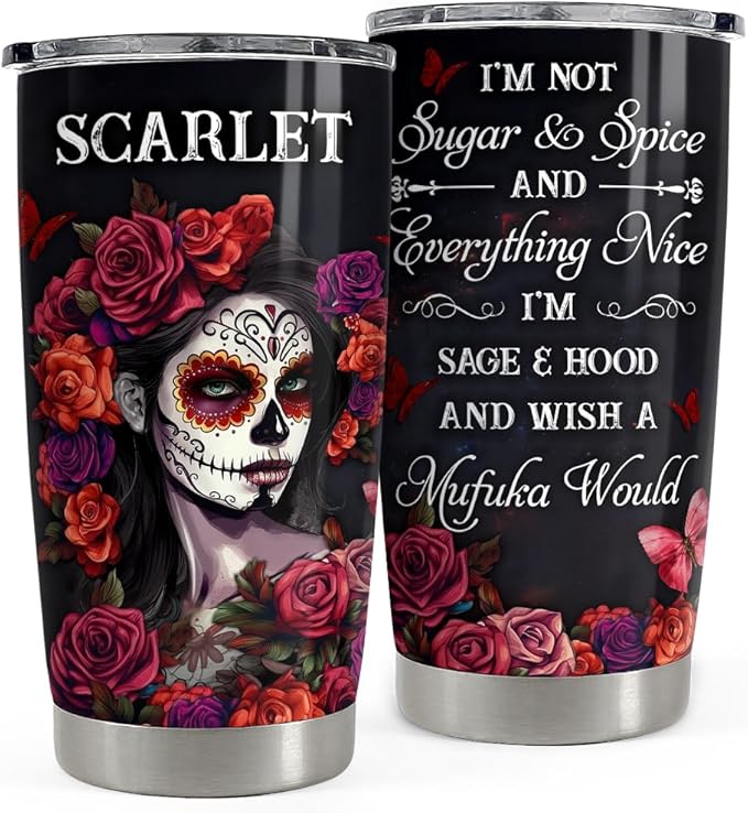 SANDJEST Personalized Sugar Skull Tumbler Sugar And Spice 20oz 30oz Tumblers with Lid Gift for Women Girl Friends Christmas Birthday - sugar skull coffee cup