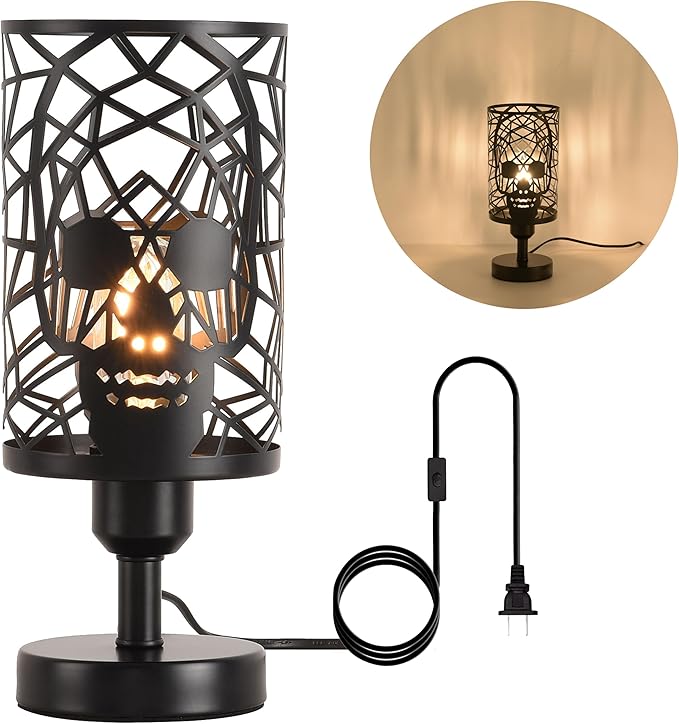 Skull Table Lamp with Plug-in Switch, Black Industrial Nightstand Lamp with Round Skull Metal Cage Lampshades, E26 Goth Desk Lamp for Bedroom, Festive (Plug-in Switch lamp) - sugar skull table lamp