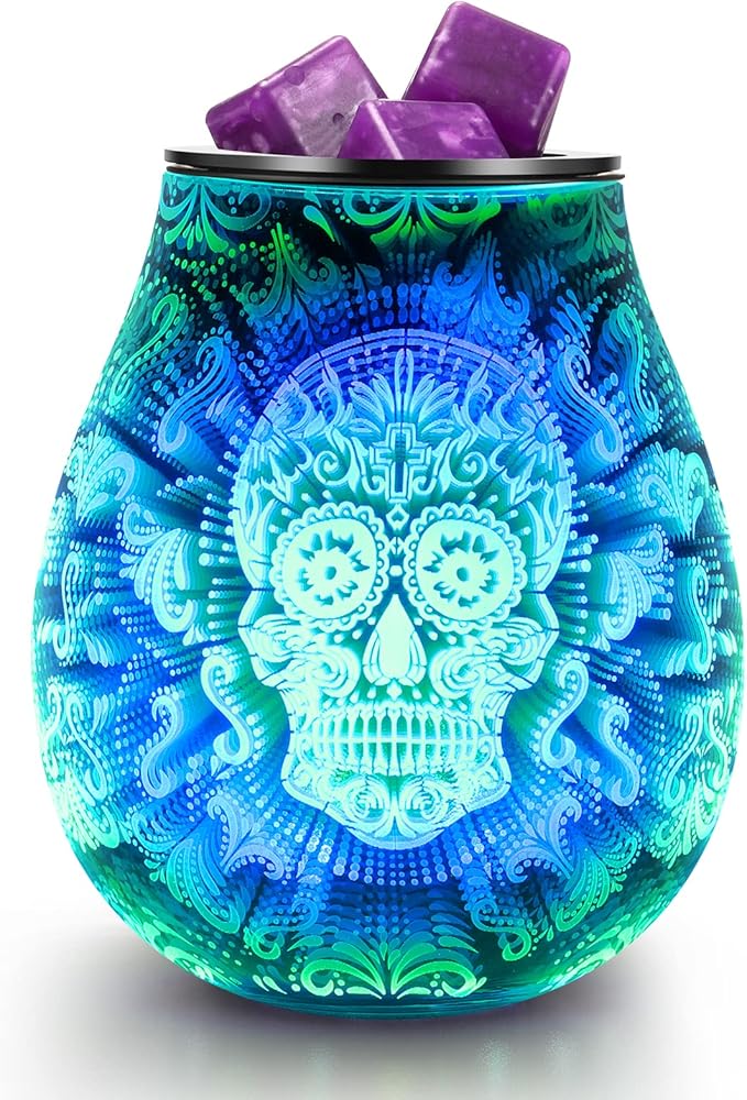 Skull Halloween 3D Glass Electric Wax Melt Warmer Oil Burner with 7 Colour Cycle Changing LED Light PTC Heating Removable Silicone Tray Aroma Fragrance Lamp Gift Present… - sugar skull table lamp