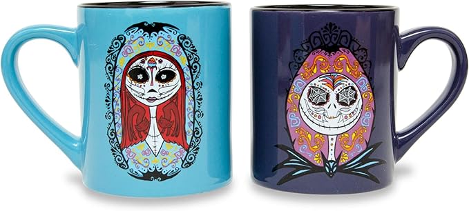 Nightmare Before Christmas Disney The Sugar Skulls Jack and Sally Ceramic Mugs, Set of 2 | BPA-Free Small Coffee Cups - sugar skull coffee cup