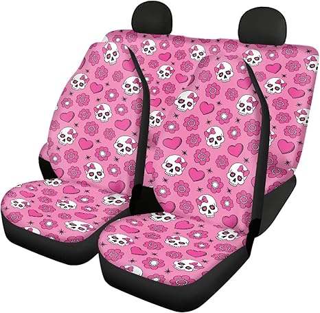 Sugar Skulls Pink Car Seat Covers Full Set Front Seats for Women Man 4Pcs Automotive Accessories Universal Seats Protector Fit Car,Truck,SUV,Vans Most Vehicle - sugar skull car seat covers set