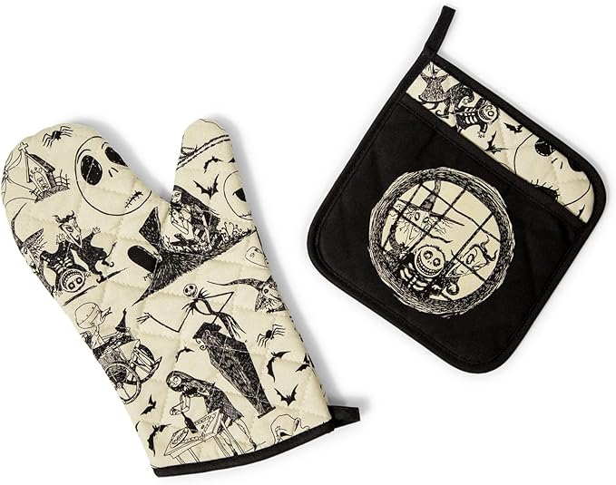 Disney The Nightmare Before Christmas 2-Piece Oven Mitt and Pot Holder Kitchen Set | Heat Resistant Gloves, Hot Pads for Cooking and Baking - sugar skull oven mitts