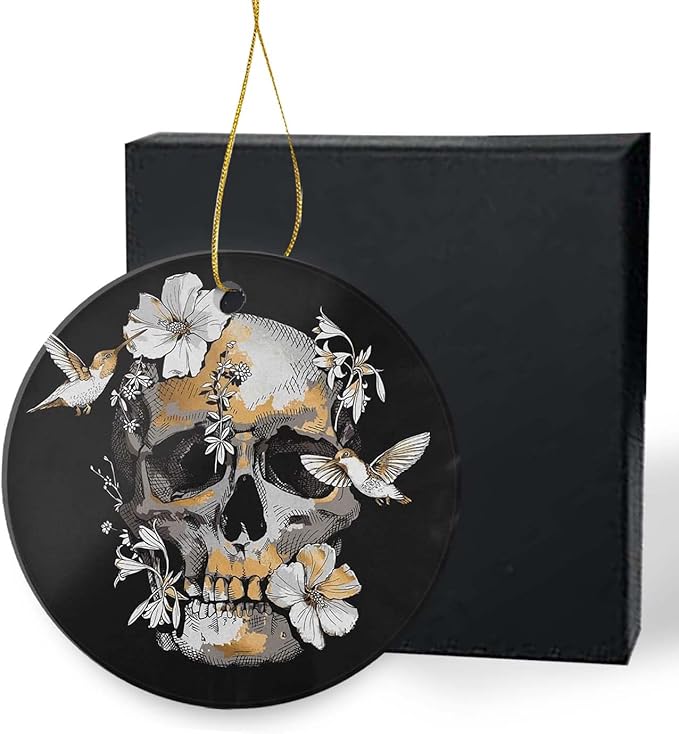 2022 Christmas Ornaments, Christmas Tree Decorations,Skull Tropical Hibiscus Flower Hummingbird Day of The Dead Dia De Los Muertos - sugar skull christmas ornament