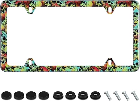 Sugar Skull License Plate Frame Colorful Skulls License Plate Holder Stainless Steel Auto Parts Decoration with Screws for Men Women License Plate 4 Holes 1pcs - sugar skull beach towel
