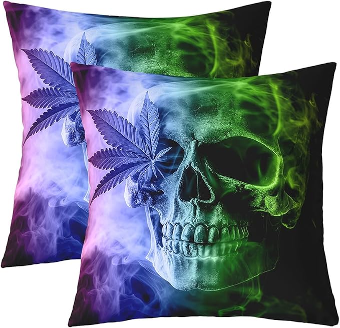 Marijuana Weed Leaf Throw Pillow Covers 22"x22" Set of 2 Soft Sugar Skull Pillow Cases Cushion Covers For Living Room Bedroom Skull Print Blue Grey Decorative Throw Pillowcases for Sofa Couch Chair - sugar skull throw pillow