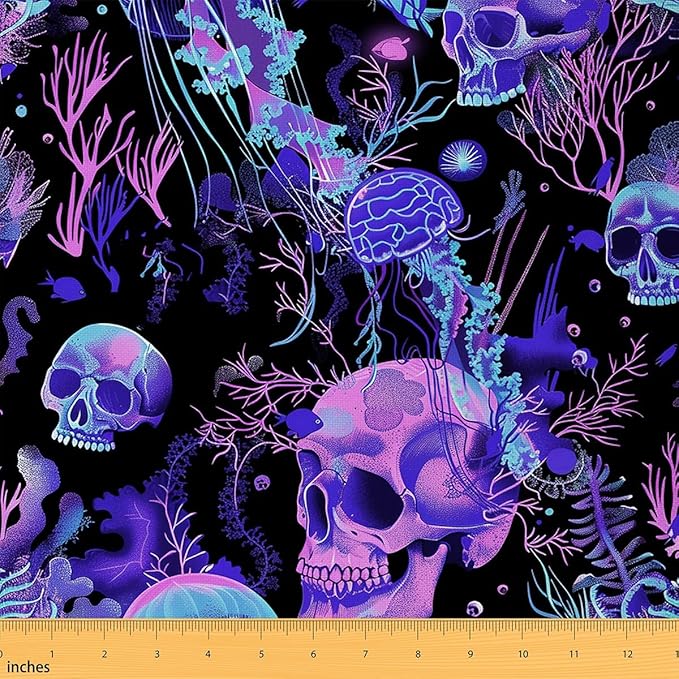 Feelyou Sugar Skull Fabric by The Yard, Halloween Themed Upholstery Fabric,Ocean Jellyfish Outdoor Fabric,Sea Creature Underwater World Reupholstery Fabric for Chairs, 2 Yards, Purple Blue Red - sugar skull throw pillow