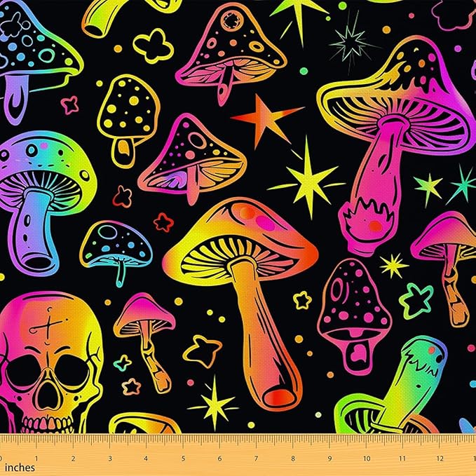 Feelyou Sugar Skull Outdoor Fabric by The Yard,Skull Print Cute Mushroom Decor Upholstery Fabric for Chairs,Cartoon Mushrooms Fluorescent Style Decorative Fabric for Home DIY Projects, 3 Yards,Green - sugar skull handbags for sale