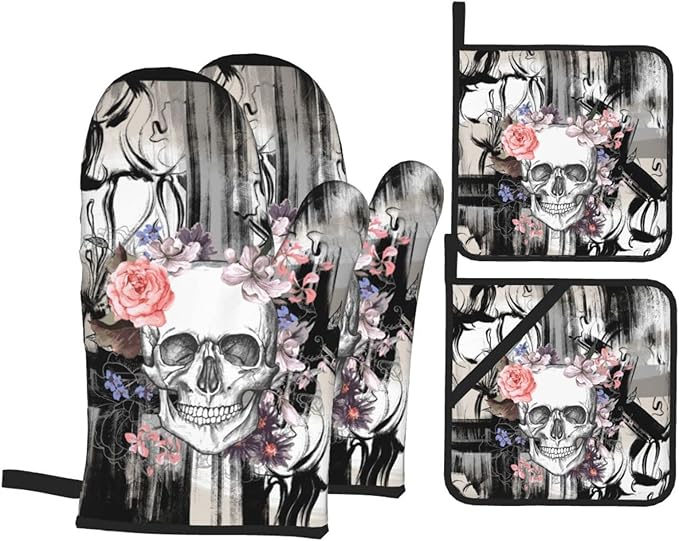 Gothic Skull Flower Oven Mitts and Potholders Professional Heat Resistant Cotton Oven Mitts Kitchen Gloves 4 Piece Set - sugar skull oven mitts
