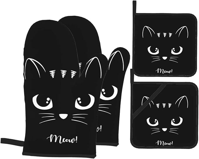 Black Cat Oven Mitts and Potholders Professional Heat Resistant Cotton Oven Mitts Kitchen Gloves 4 Piece Set - sugar skull oven mitts