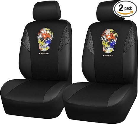 CAR PASS Leather Car Seat Cover Front Seats Sparkly Rhinestone Gaberdine Fabric Skull Skeleton Punk Glitter Crystal, Universal Fit for SUV, Van, Coupe, Trucks 2 Piece Black Multicolor Diamond - sugar skull car seat covers set