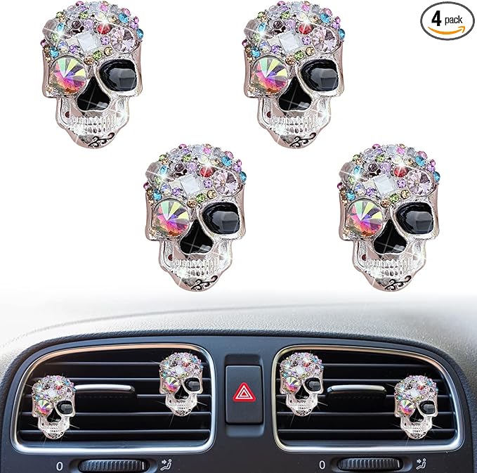 Bling Skull Air Vent Clips, 4 Pcs Crystal Skull Car Air Fresheners Vent Clips Car Diffuser Vent Clip Rhinestone Diamond Decoration Cute Interior Decor Bling Accessories for Women - sugar skull car floor mats