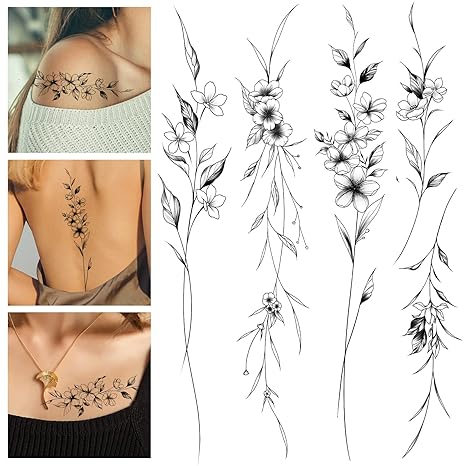 Leesgel Temporary Tattoos Women, 12 Sheets Long Flowers Vine Leaves Plant Tattoo for Women Adults, Black Semi Permanent Personality Waist Arm Foot Stick on Tattoos Stickers - sugar skull temporary tattoo